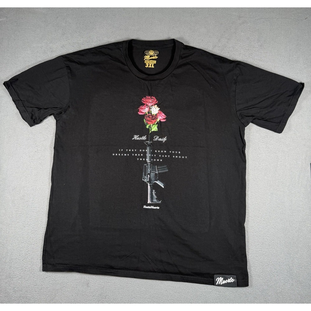 Hasta Muerte Mens 3XL T Shirt Black Hustle Daily Rose Rifle Streetwear Graphic